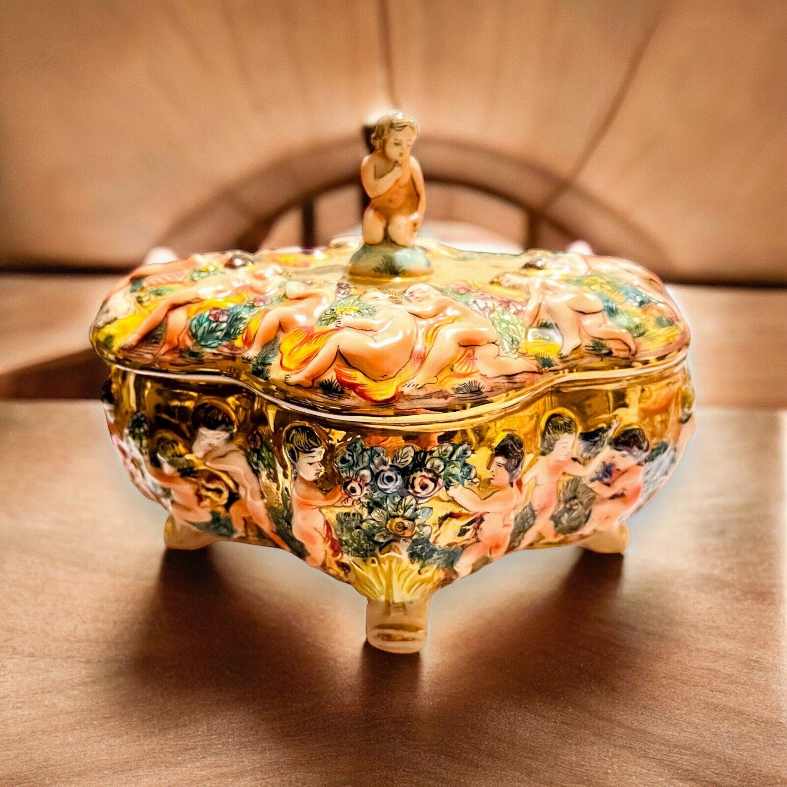 Antique Capodimonte Cherub Trinket Dresser Box - Gilded Italian Jewelry Casket