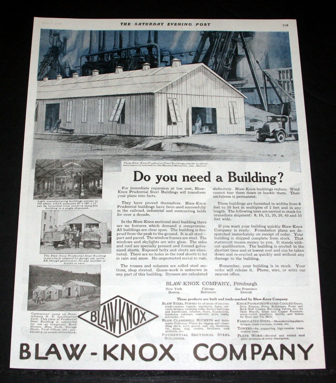 1920 OLD MAGAZINE PRINT AD, BLAW KNOX, DO YOU NEED A PRUDENTIAL STEEL BUILDING?