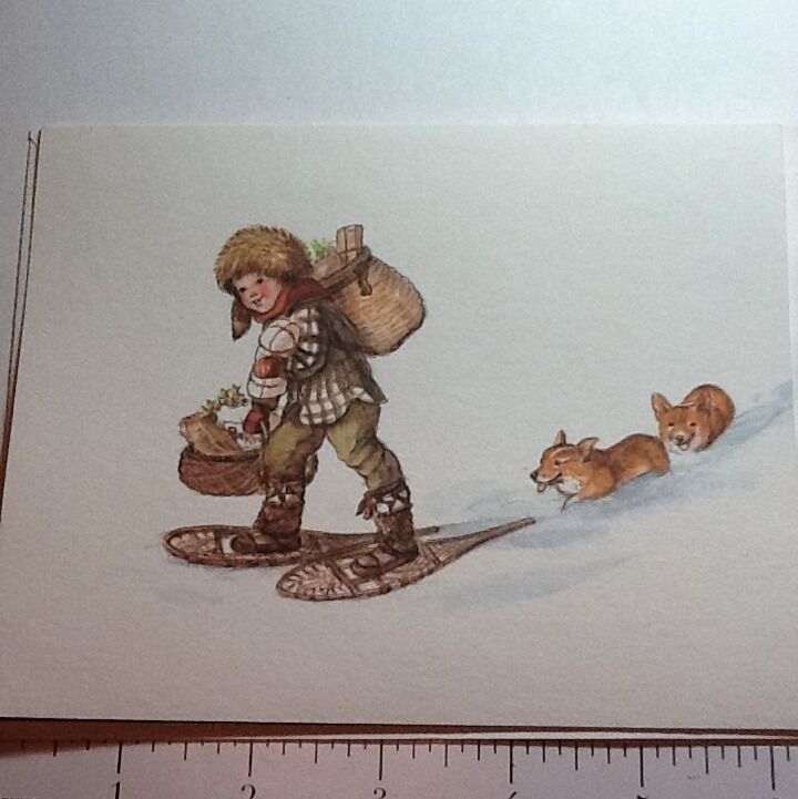 #B758- Vintage Unused Tasha Tudor Xmas Card Boy In Snow Shoes With 2 Corgis