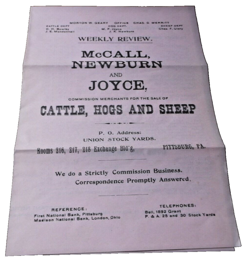 MAY 1909 McCALL NEWBURN  & JOYCE PITTSSBURGH PA UNION STOCK YARDS PRICE LIST