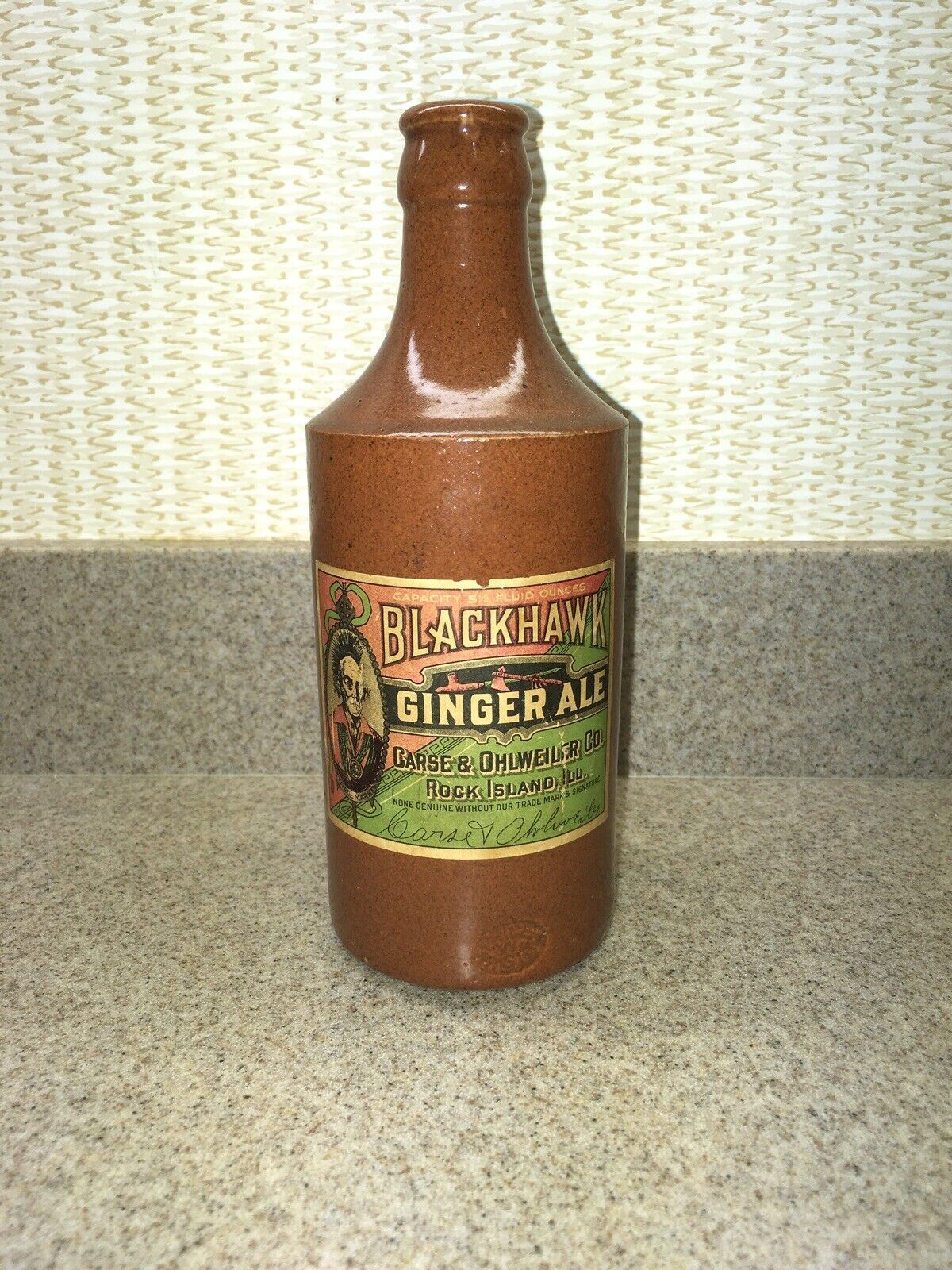 Blackhawk Ginger Ale Clay Bottle Vintage Rare
