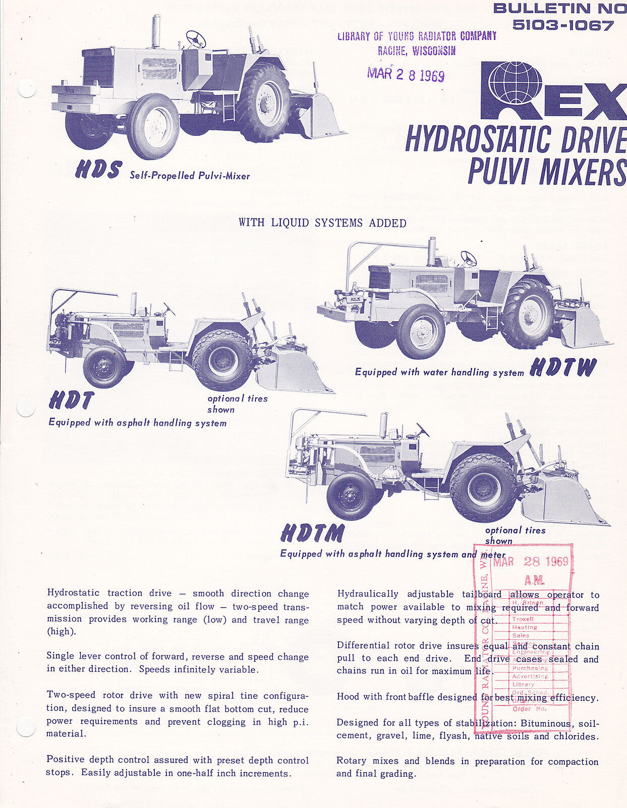 VINTAGE AD SHEET #3091 - 1969 REX HYDROSTATIC DRIVE PULVI MIXER CONSTRUCTION