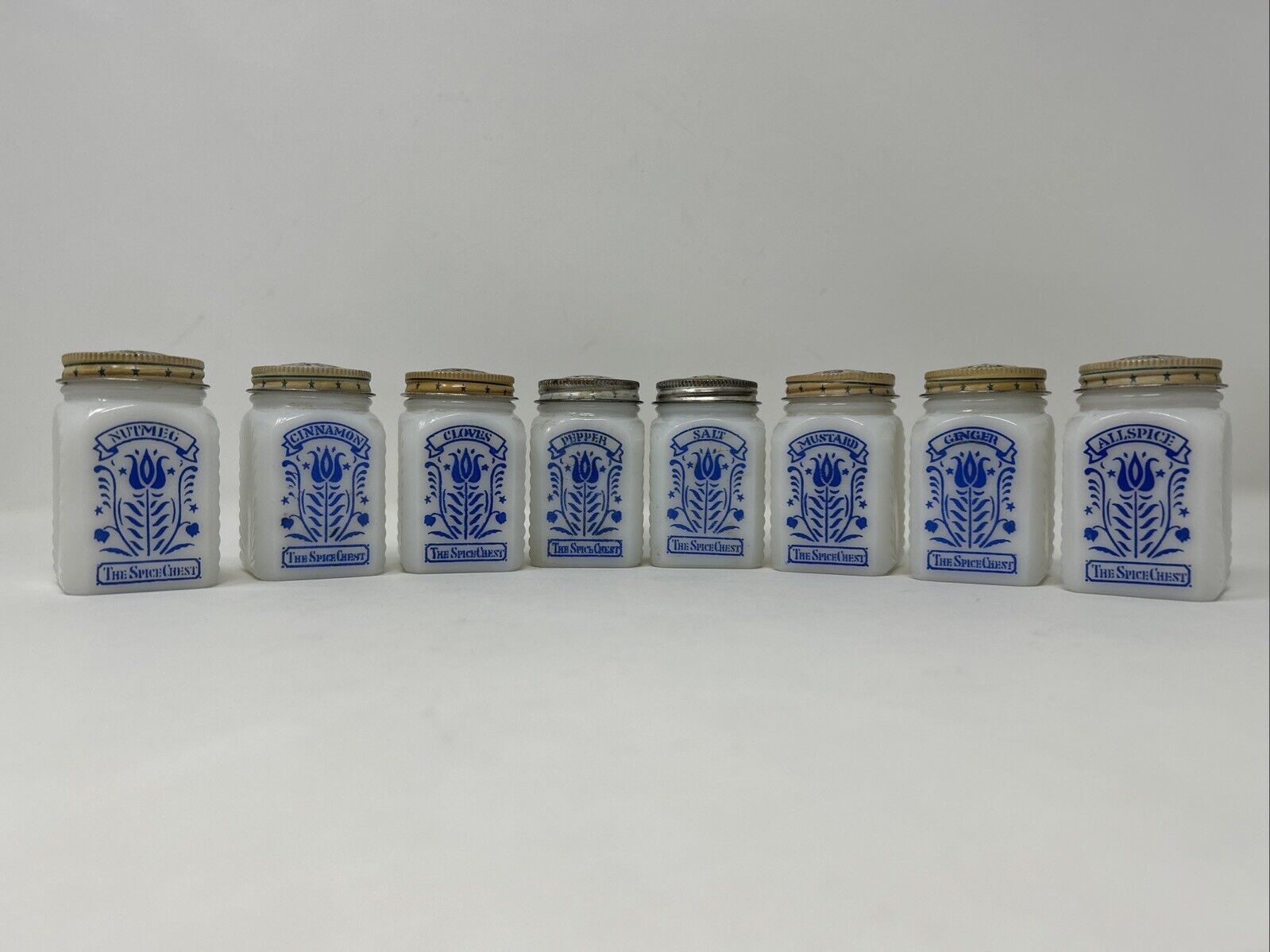 THE SPICE CHEST-8 Vintage White Milk Glass Jars-Blue Tulips w/Original Lids