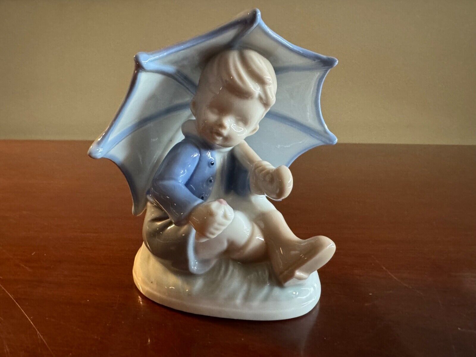 Vintage Porcelain Figurine Boy Sitting w/ Umbrella - Blue Danish-like - MINT