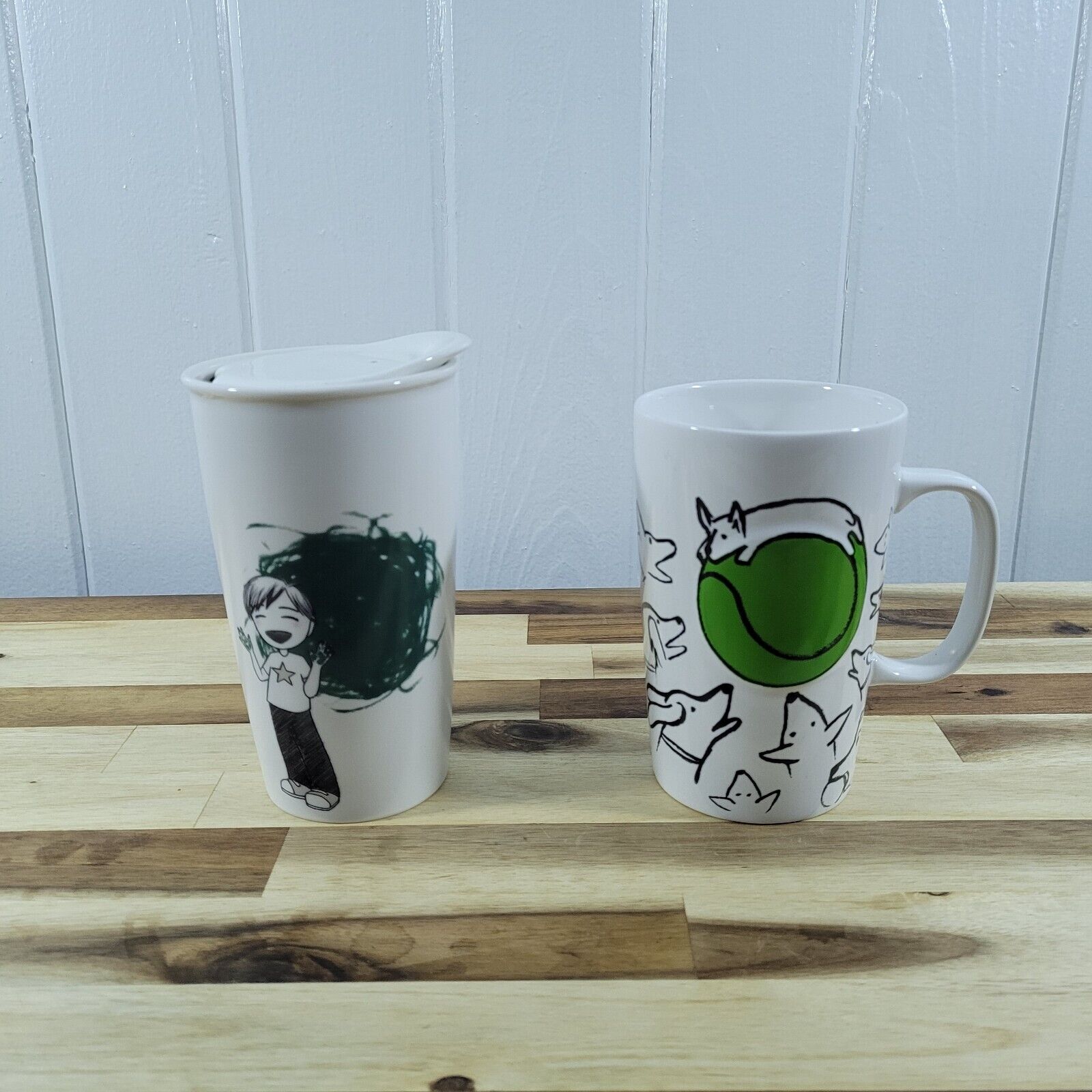 Lot of 2 Starbucks Ceramic Mugs Green Finger Paint Boy w Lid & Corgi Doodle Dogs