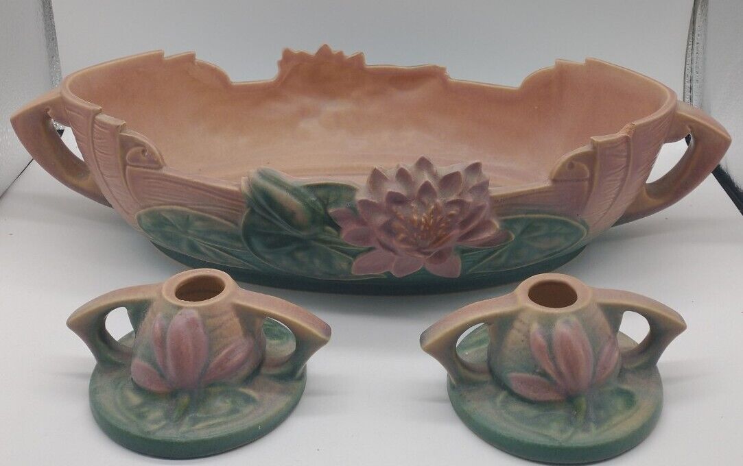 Vintage Roseville Water Lily Pottery Pink Console Bowl 444-14 Candleholders Set