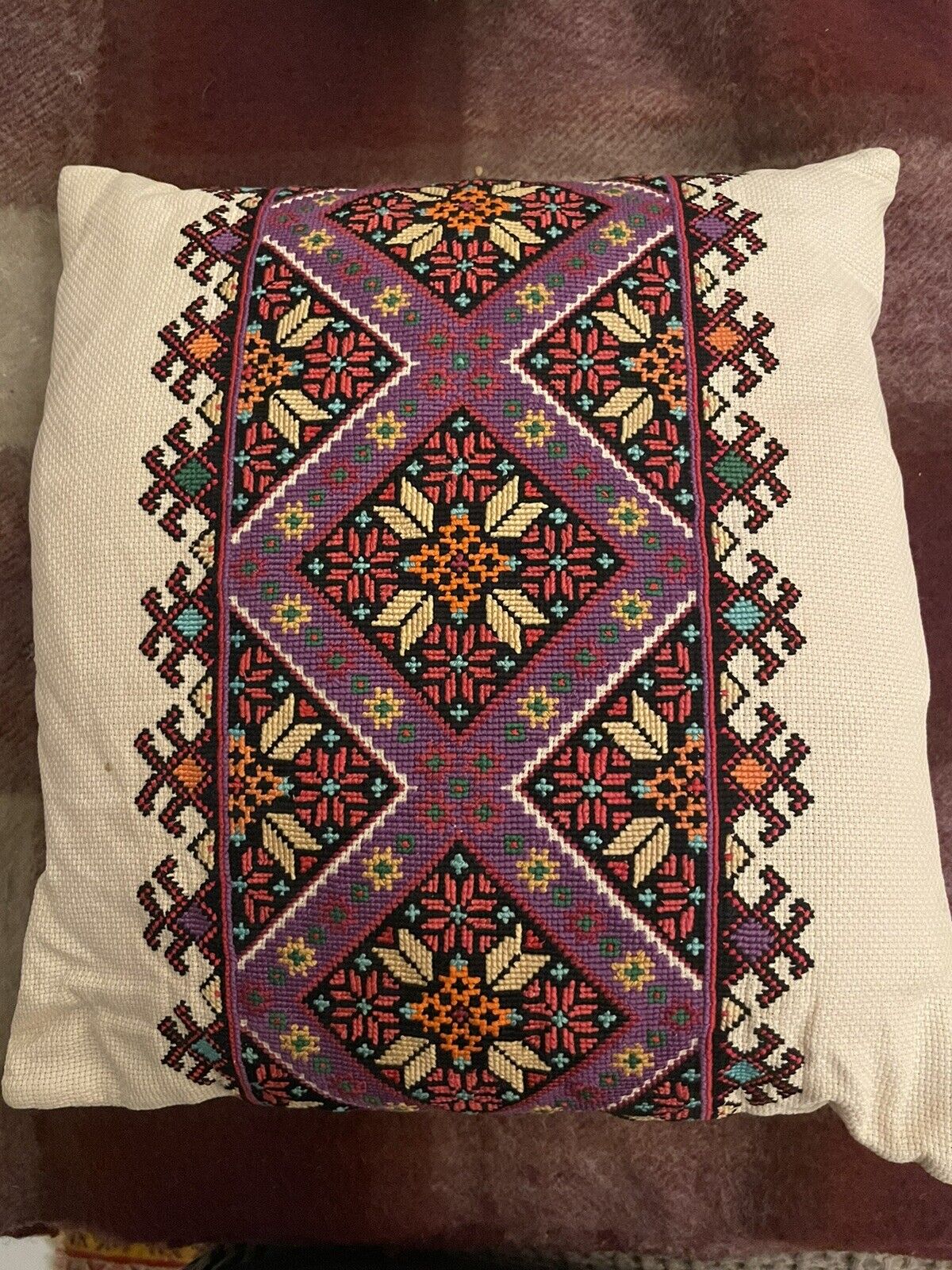 Vintage Ukrainian Hand Embroidered Pillow Down Insert 12 X 14 Multi Color READ