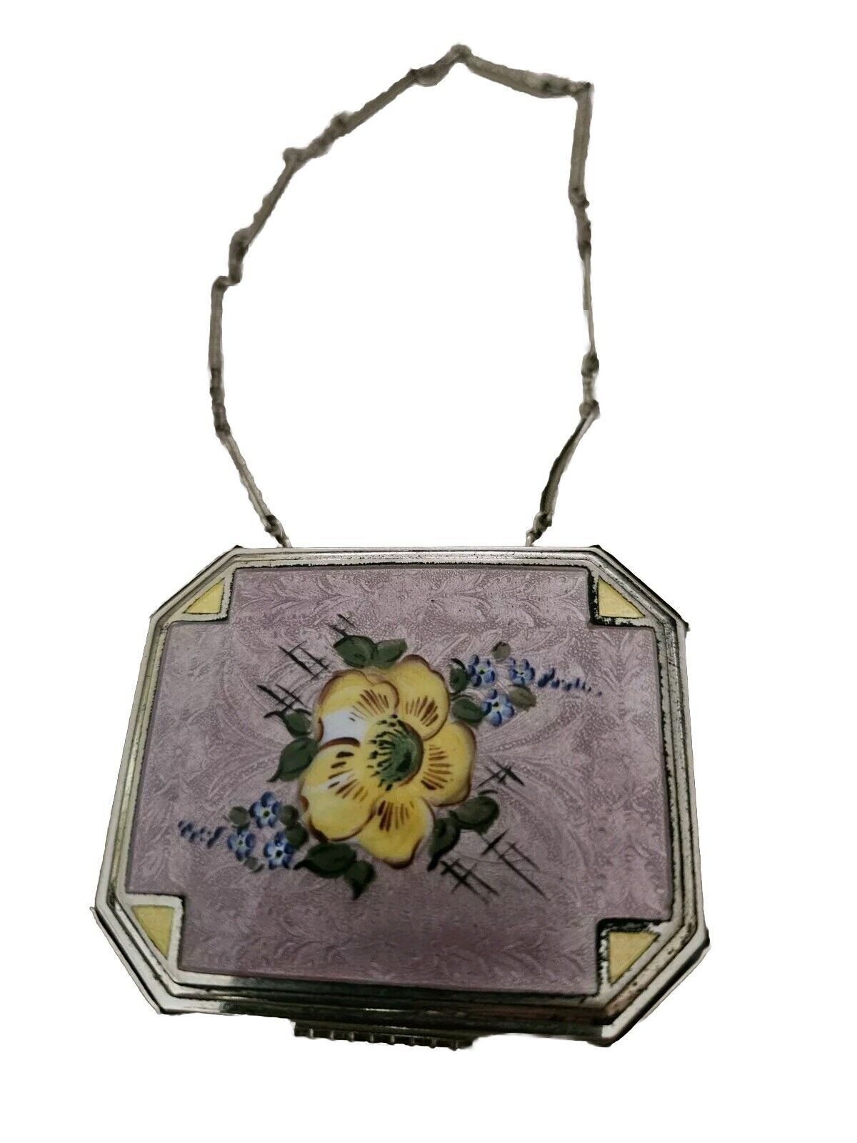Art Deco Vtg Antique Guilloche Enamel Floral Flower Compact Wristlet Purse