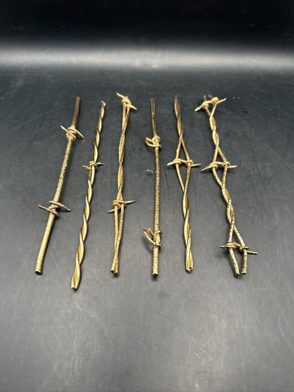 Vintage Neiman Marcus Texas 6 Barbed Wire Swizzle Sticks Plated Gold Barbed Wire
