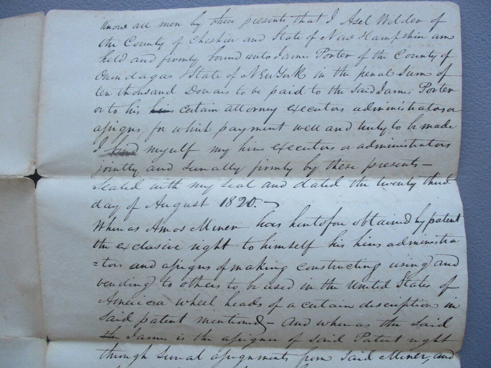 1820 Inventor Azel Wilder Cheshire,N.H.(Amos Miner/Spinning wheel) signed letter