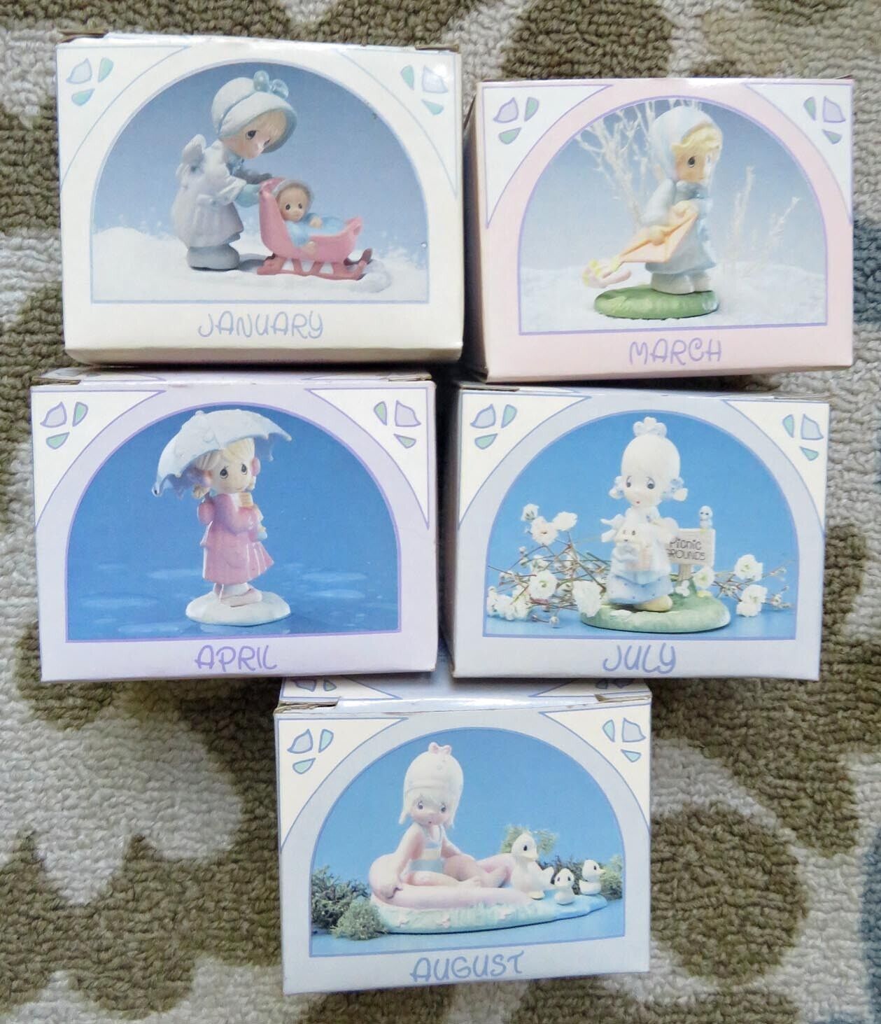 Lot of 5 Vintage Precious Moments Enesco 1989 Miniature Monthly Figurines in box