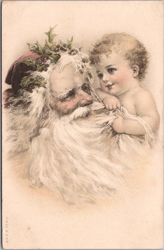 Vintage 1900s MERRY CHRISTMAS Holiday Postcard SANTA CLAUS with Baby / UNUSED