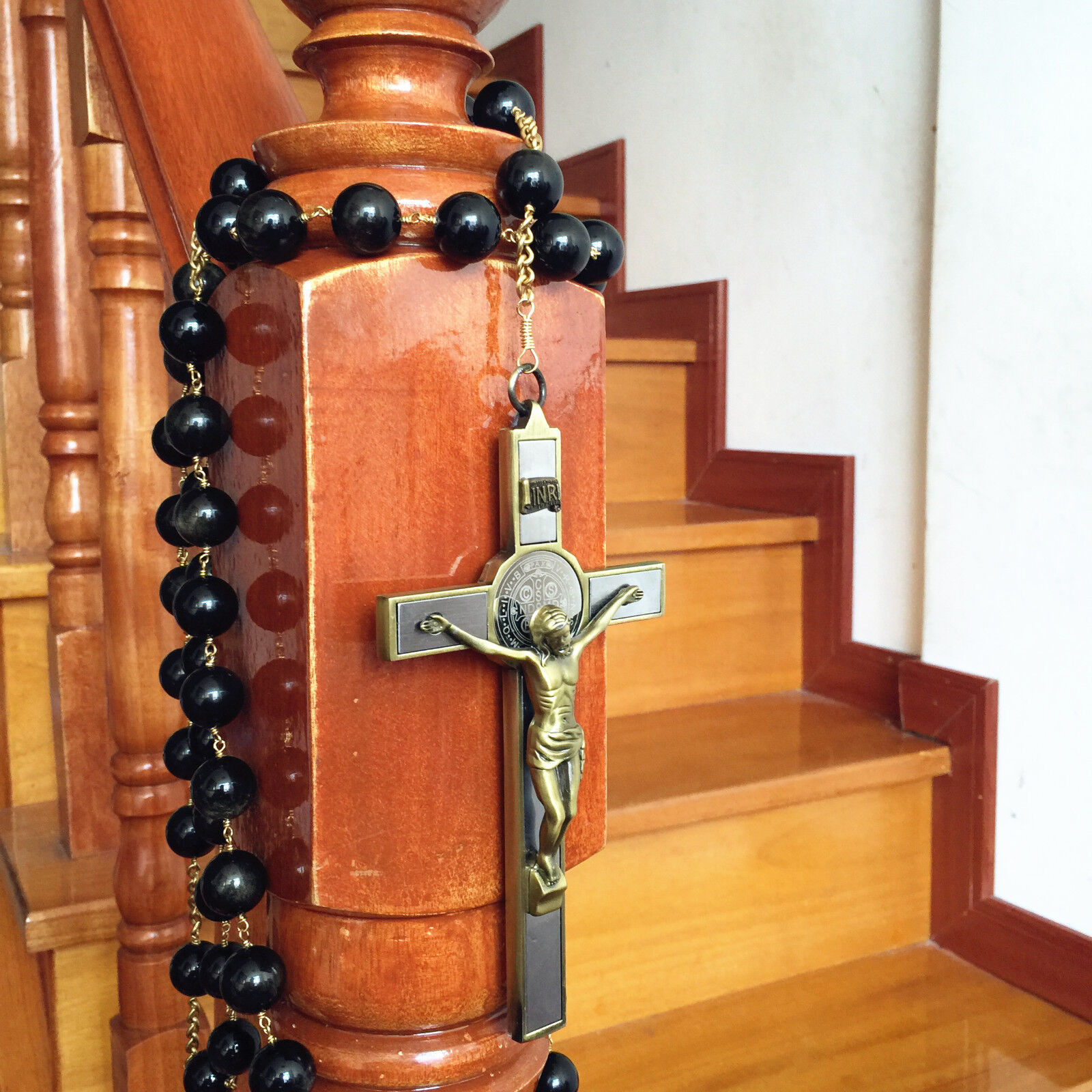 LARGE 20MM Black GOLD Obsidian Bead Wall Rosary Cross crucifix catholic GIFT BOX