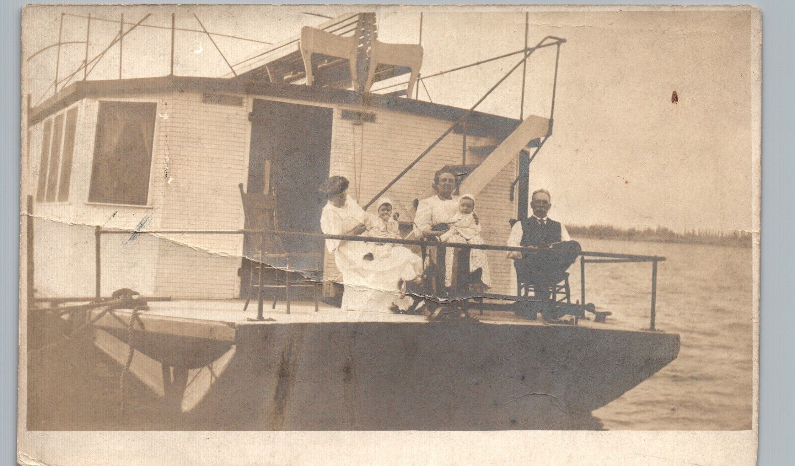 FERRY BOAT STERN PARTY c1910 sheboygan wi real photo postcard rppc ~CREASE