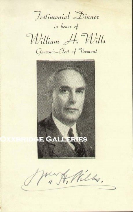 VERMONT Gov Governor William Henry Wills SIGNED 1941 VT Original Dinner Program