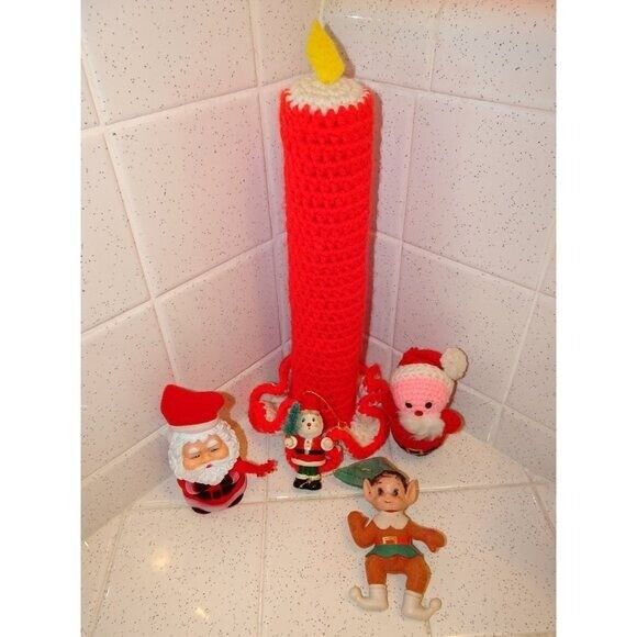 Vintage Crochet Christmas Candle & Santa fuzzy flocked Santa Lot mcm 1970s