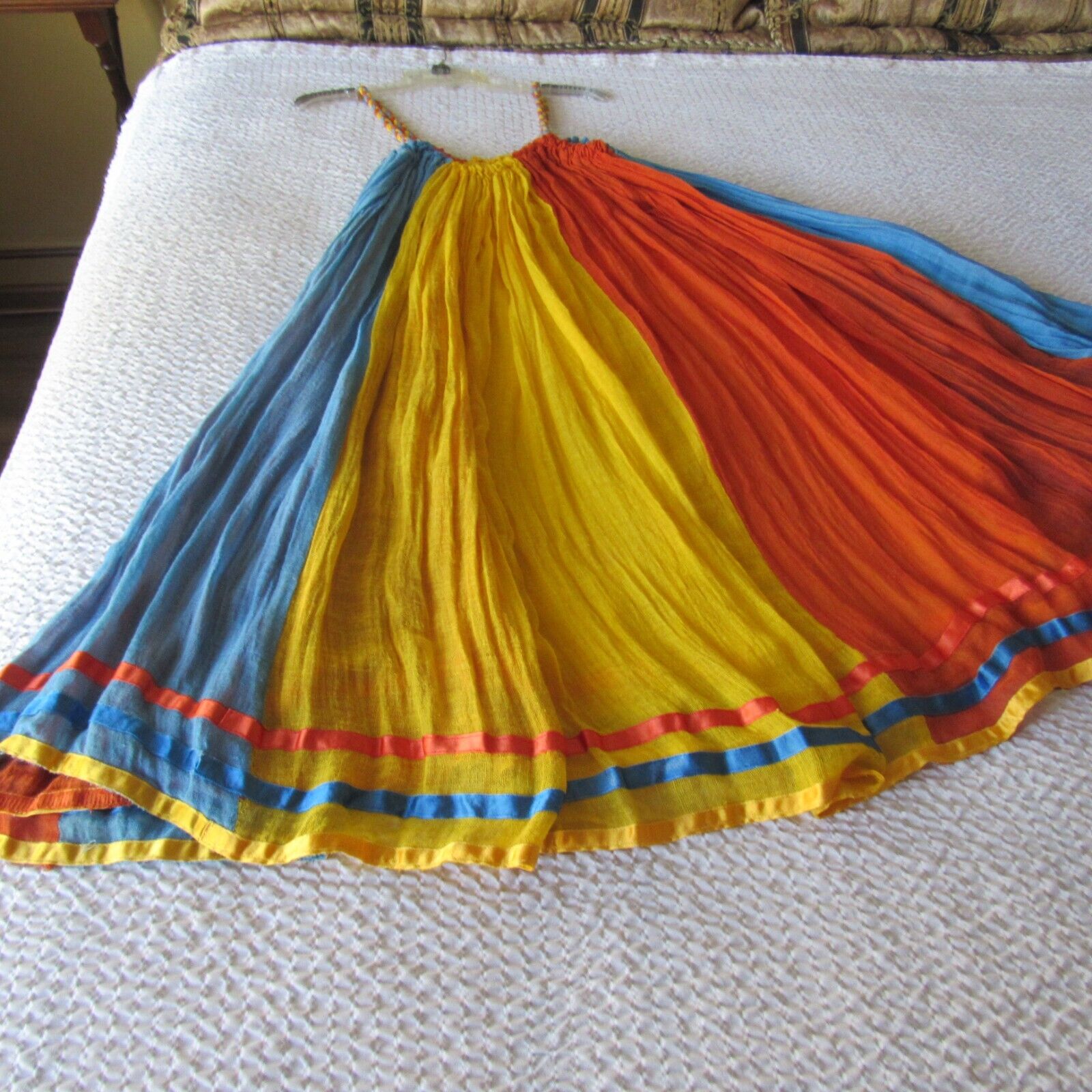 Vintage Gauze Dress Skirt Fabric Colorblock 70s  Orange Yellow Blue Braided M L