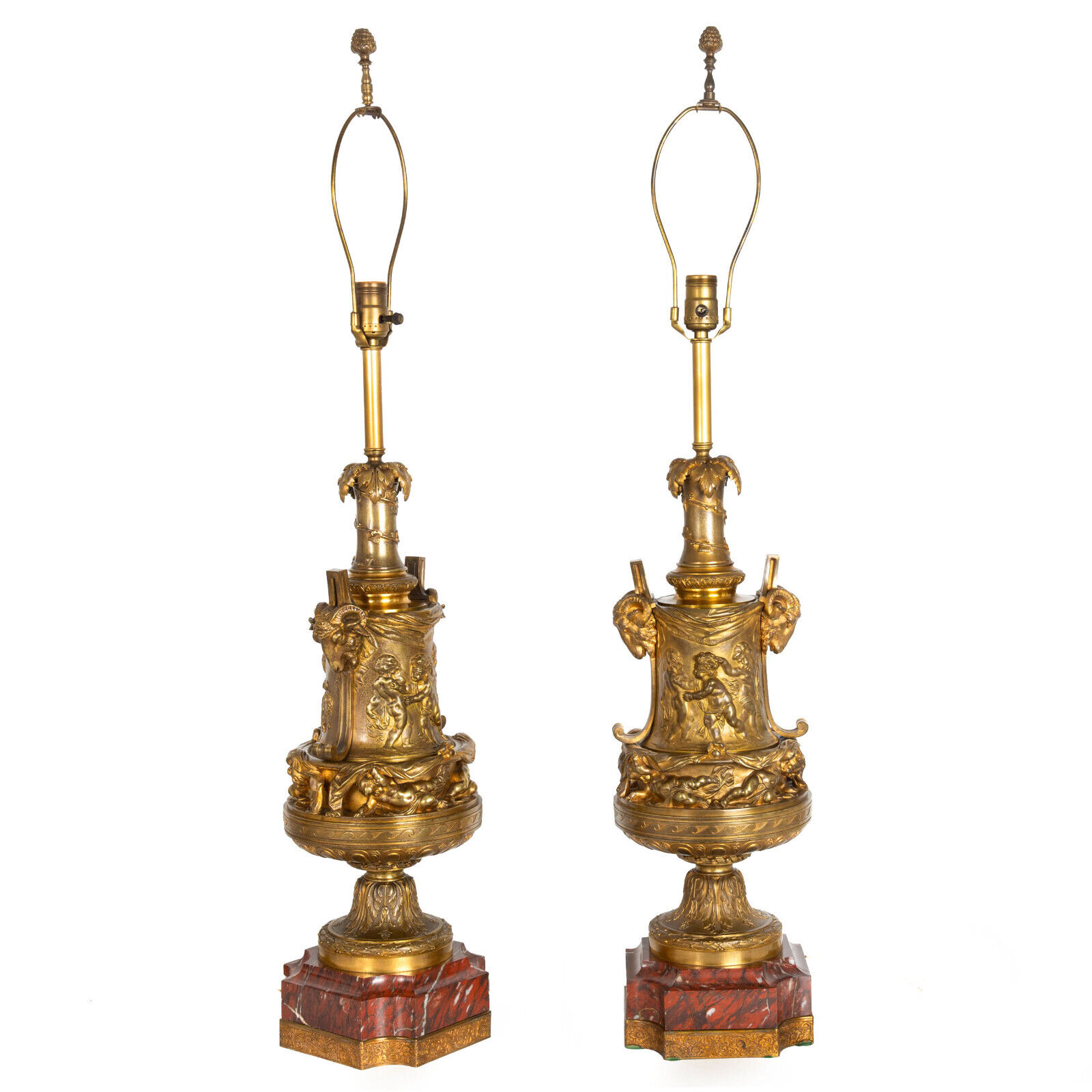 Fine Pair of French Antique Bronze and Red Marble Table Lamps, 19th Century