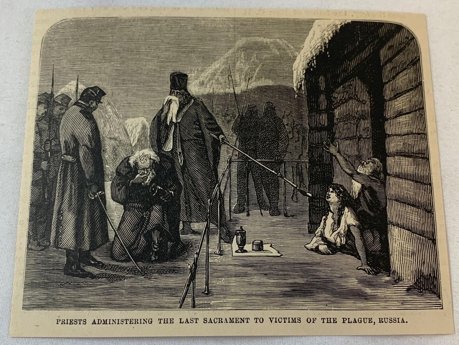 1879 magazine engraving ~ PRIESTS ADMINISTERING LAST SACREMENT Plague in Russia