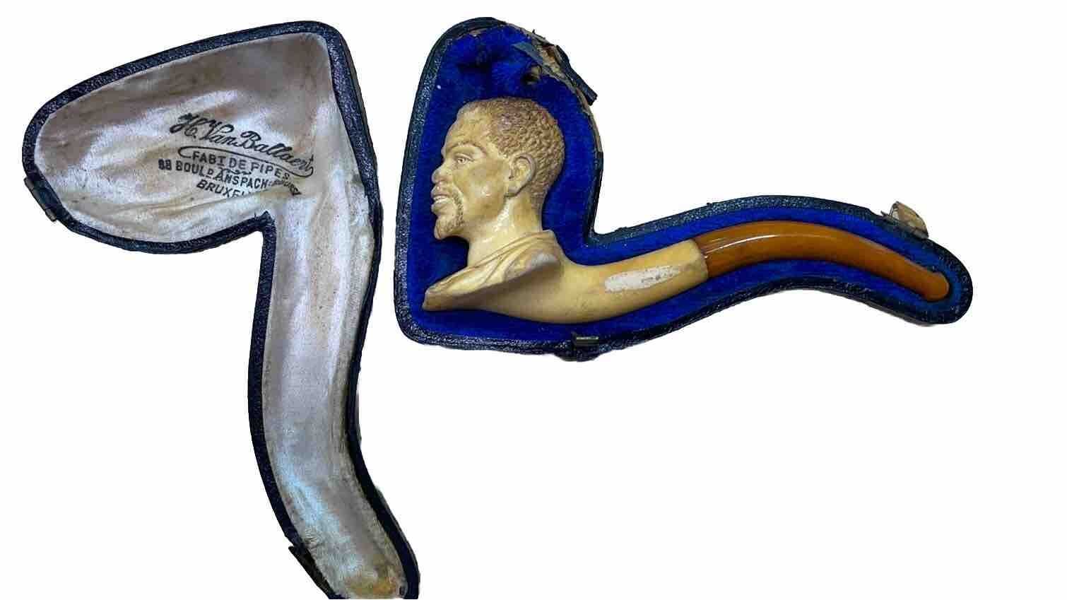 Antique Meerschaum Pipe & Case, African Black Young Man Amber Stem 4.5”