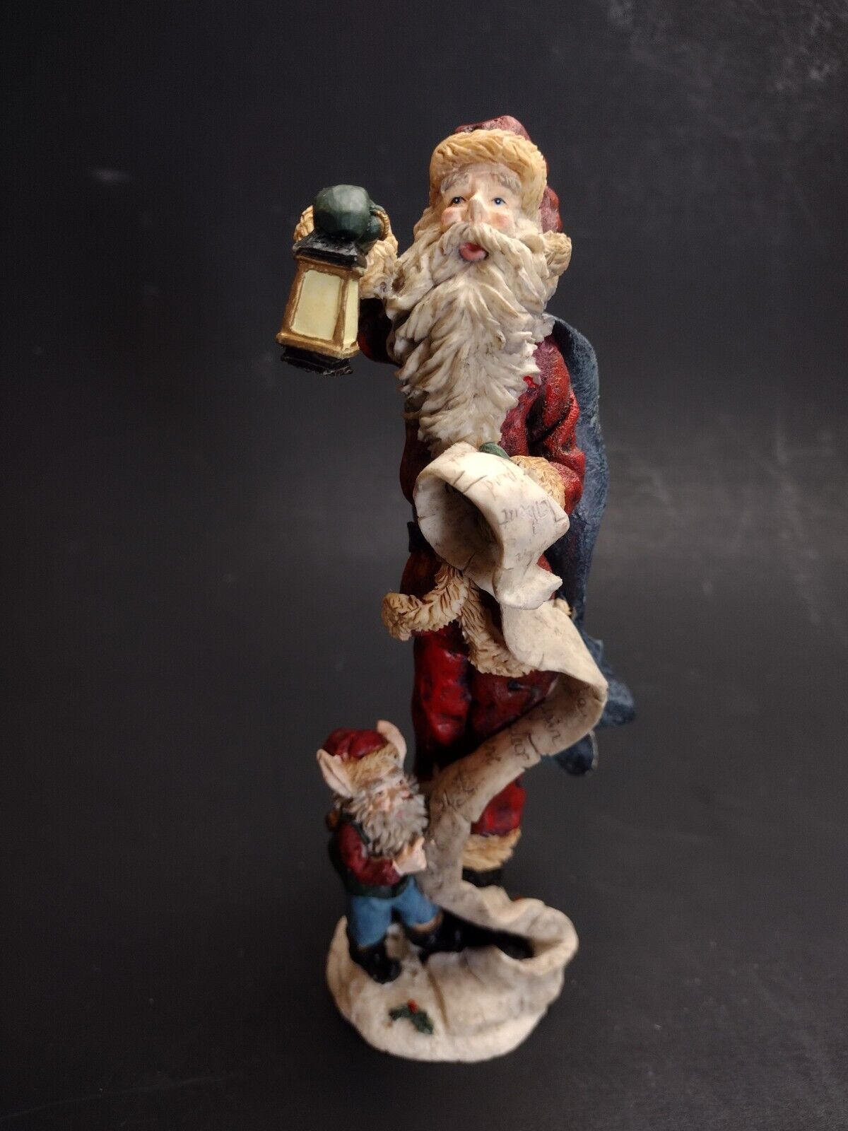 Santa Claus With List And Elf Tall Skinny Christmas Ornament Resin Vintage Cute