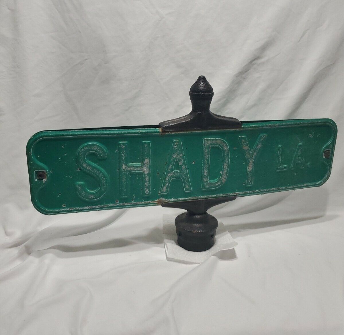 Vintage Shady LA Lane Old Metal Street Road Sign Green White Raised Lettering