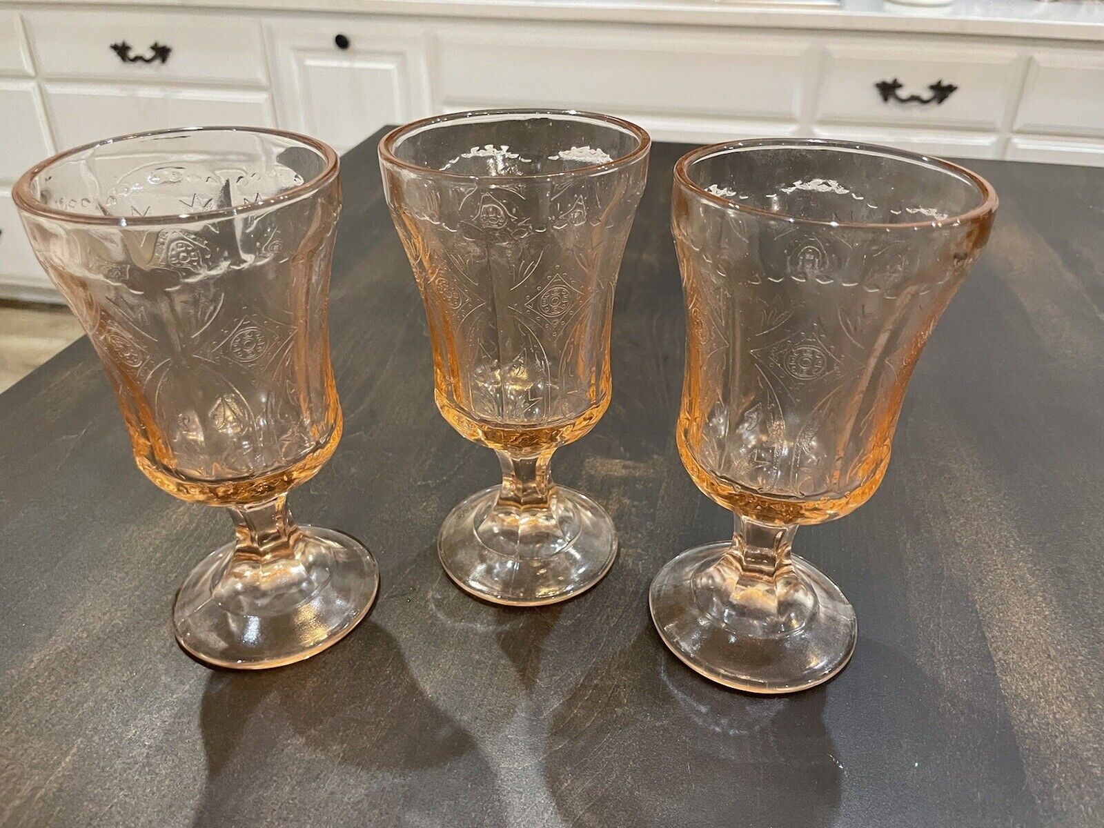Vintage Indiana Glass Pink Madrid Water Wine Goblets Set of 3 Short Stem