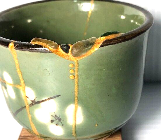 Kintsugi Japanese style repair technique, Green tea cup w/sea glass accents, VG