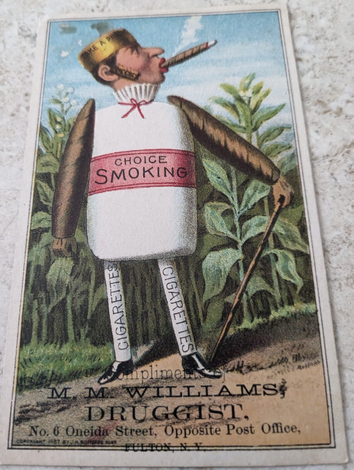 *RARE*VICT. TRADE CARD CHOICE SMOKING CIGARETTES M.M. WILLAMS DRUGGIST FULTON NY