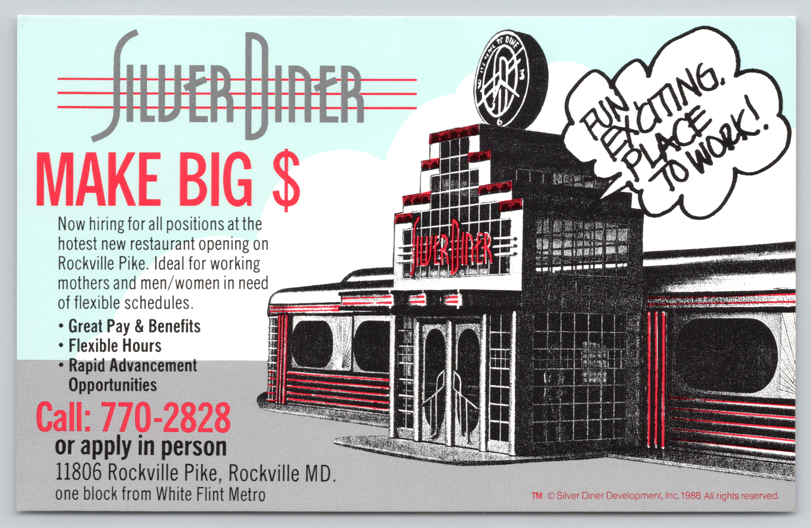 Postcard Sized Advertisement Rockville, Maryland Silver Diner Employment Ad A664
