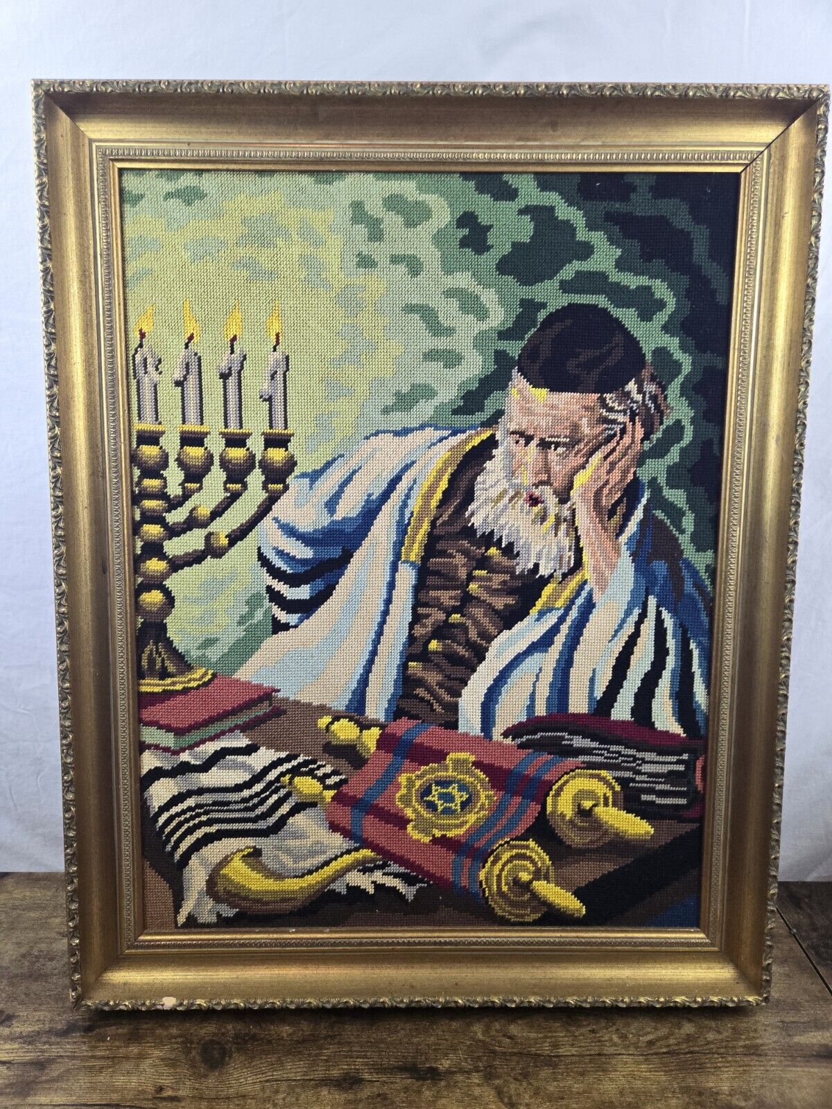needlepoint jewish judaic  art rabbi w torah framed beautiful frame well done 