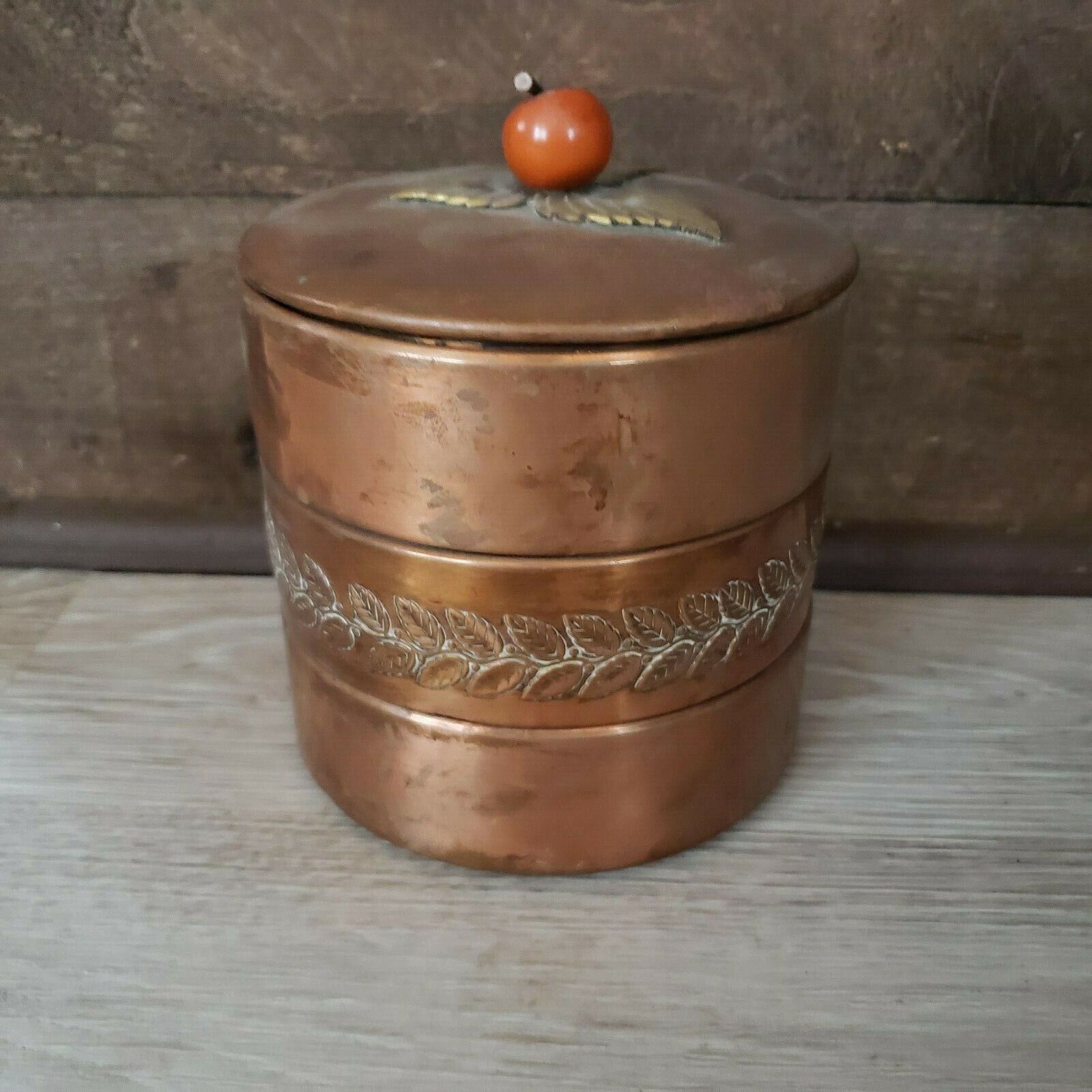 Chase Brass & Copper Company Three Layer Apple Finial Candy Box.