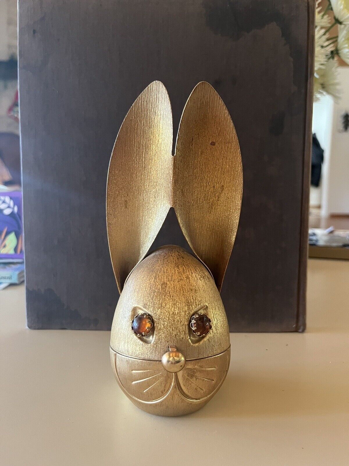 Vintage Napier Brushed Goldtone Bunny Rabbit Coin Bank Gold Glass Eyes