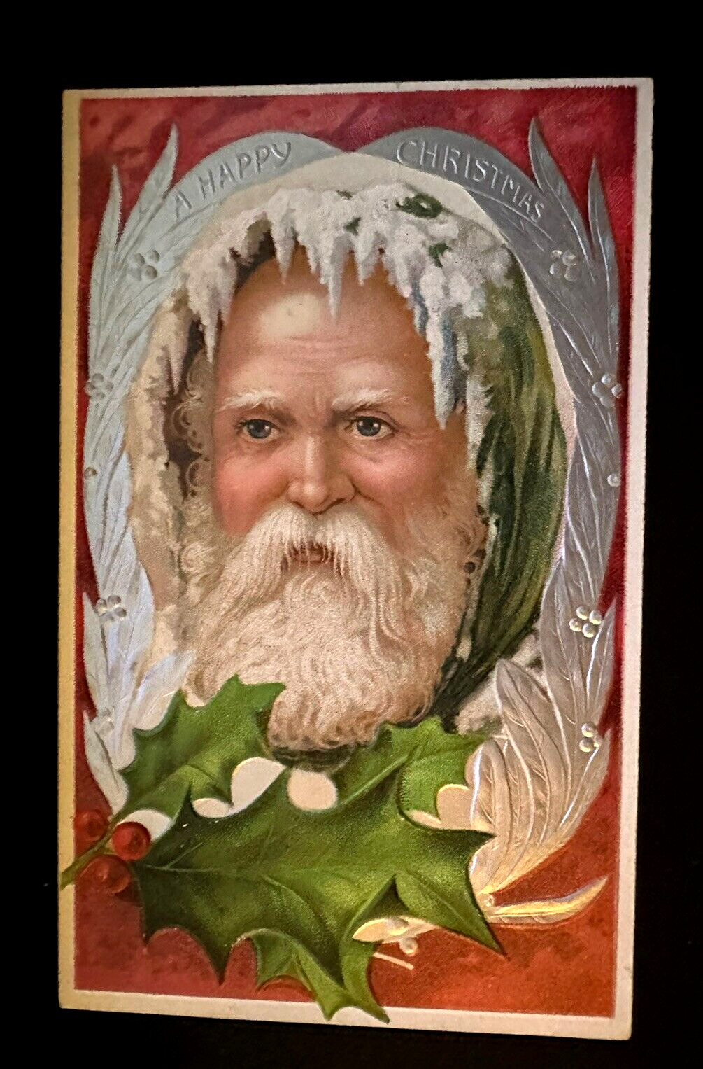 Full Face~SANTA CLAUS with Holly~Antique ~Embossed Christmas Postcard~h795
