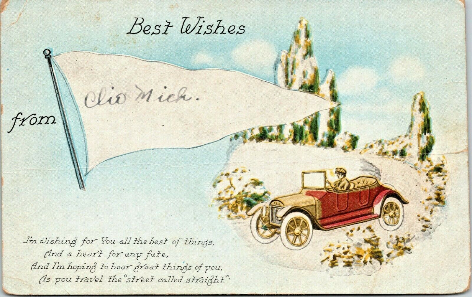 c1910 Clio, MI, greeting postcard, antique, Galva, IL
