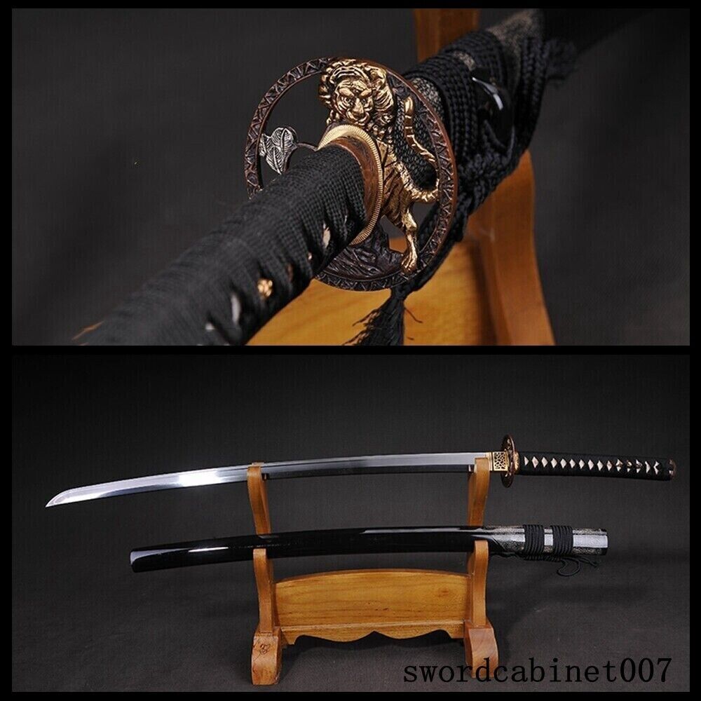 Folded Steel Real Hamon Japanese Samurai Katana Sword tiger Tsuba Sharp Blade