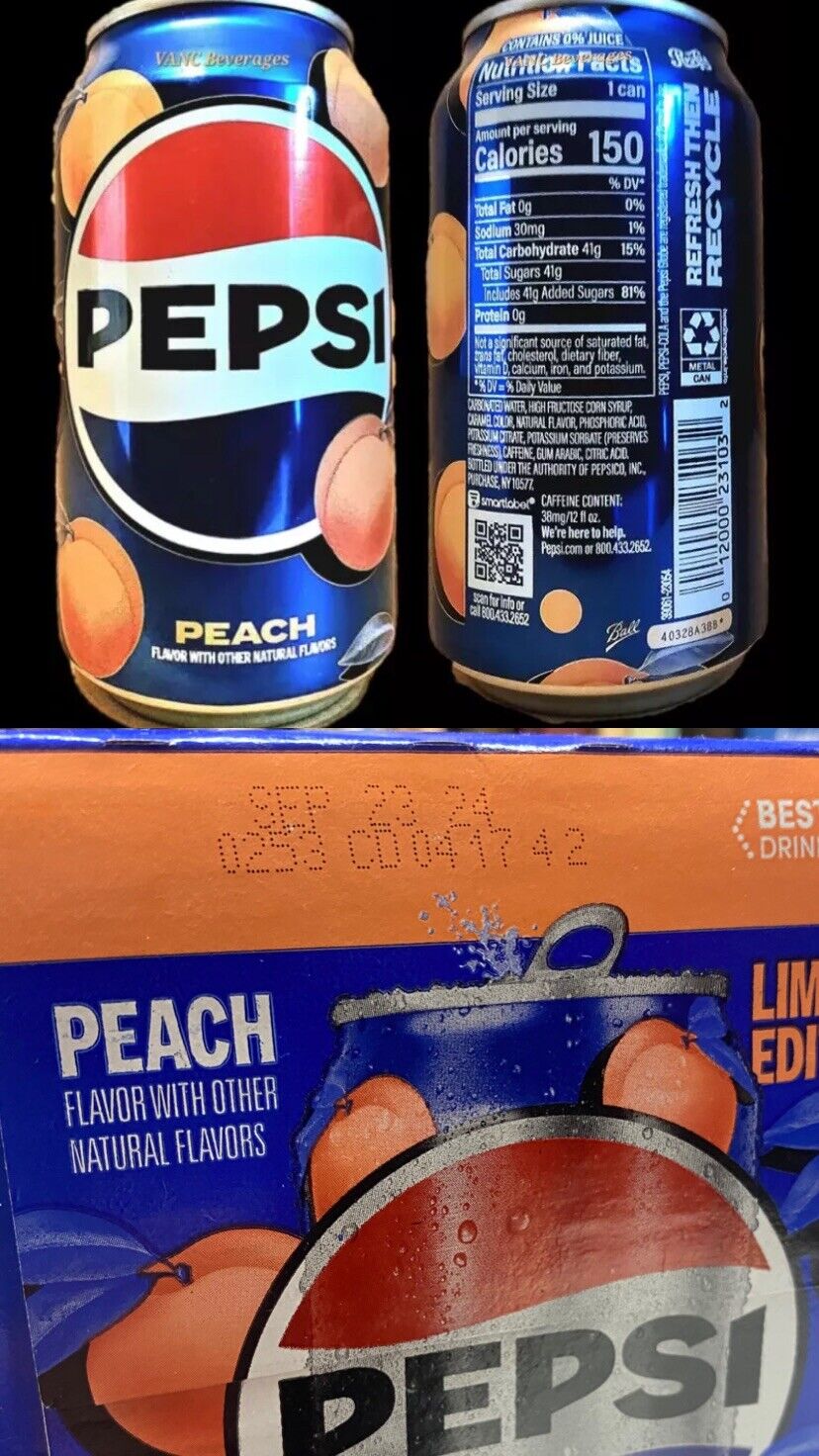 NEW Rare Pepsi W/PEACH LIMITED EDITION 12oz can w/  Exp Date 10/24