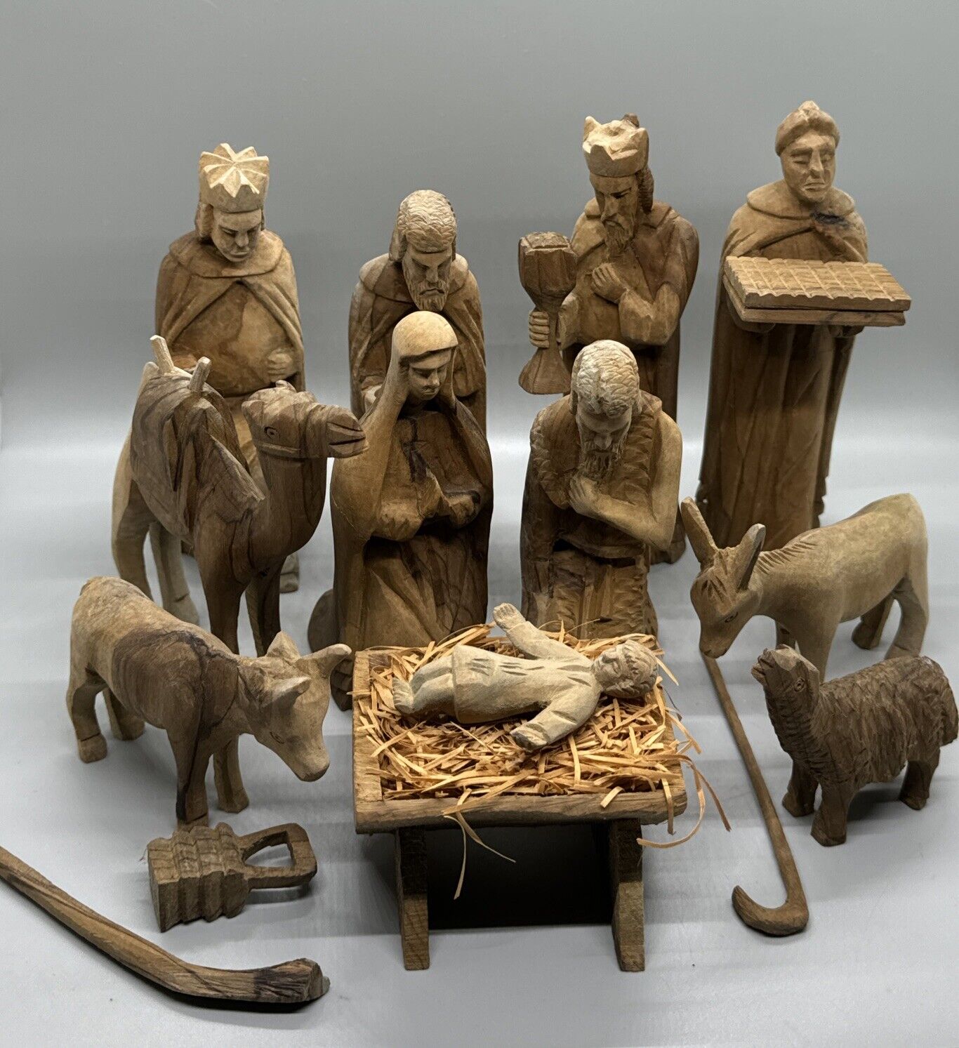 VINTAGE 15 Piece Hand Carved Wood Christmas Nativity Set