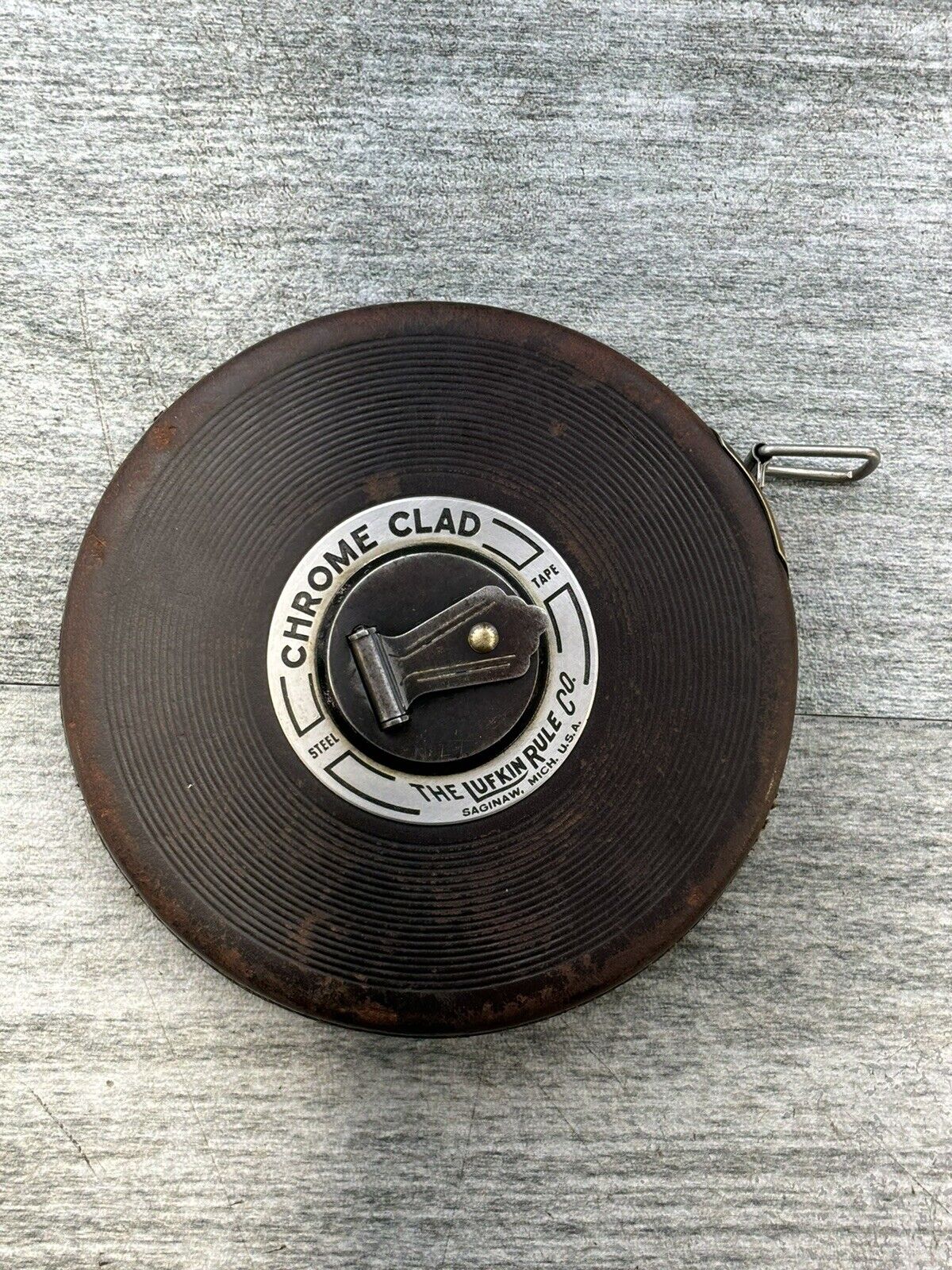 VTG Lufkin Rule Chrome Clad Anchor 100’ Steel Tape Measure Hand Wind USA Leather