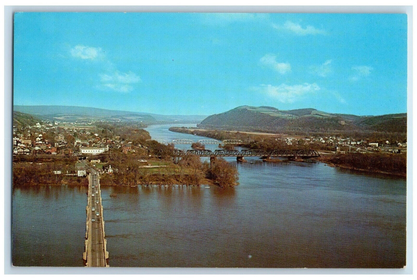 c1960's Three Bridges View from Shikellamy Lookout Toward Danville PA Postcard