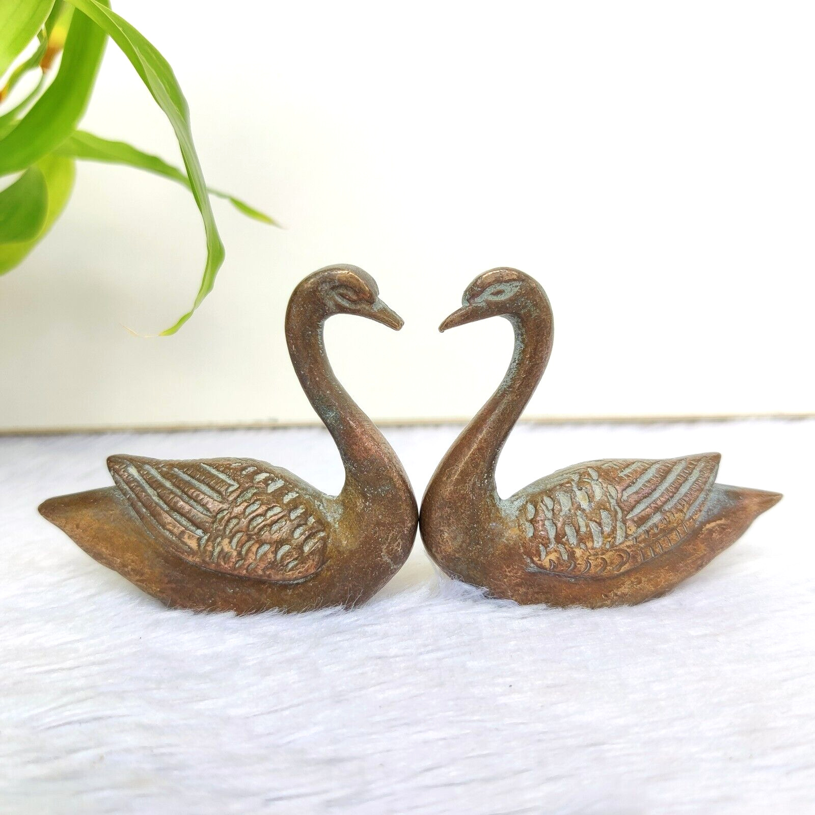 Vintage Old Handcrafted Brass Swan Pair Statue Figure Figurine Collectible