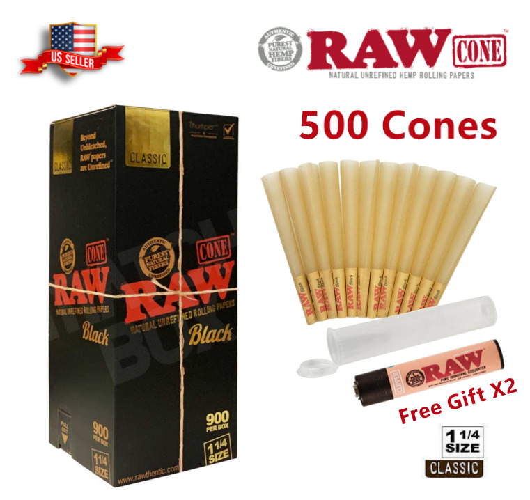 Authentic RAW Black 1 1/4 Size Pre-Rolled Cone 500 Pack & Free Clipper Lighter
