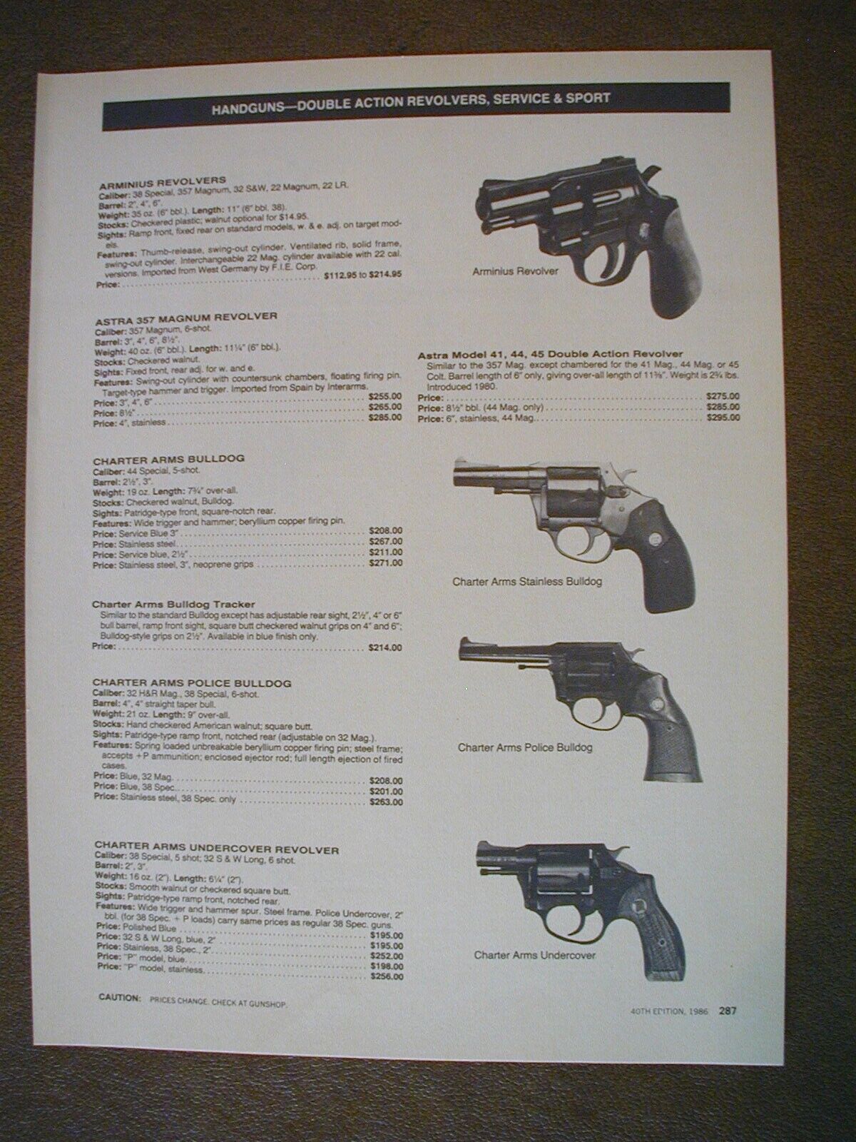 1986 Handguns Arminius, Astra, Charter, Colt,  2 sided Vintage PRINT AD 65287