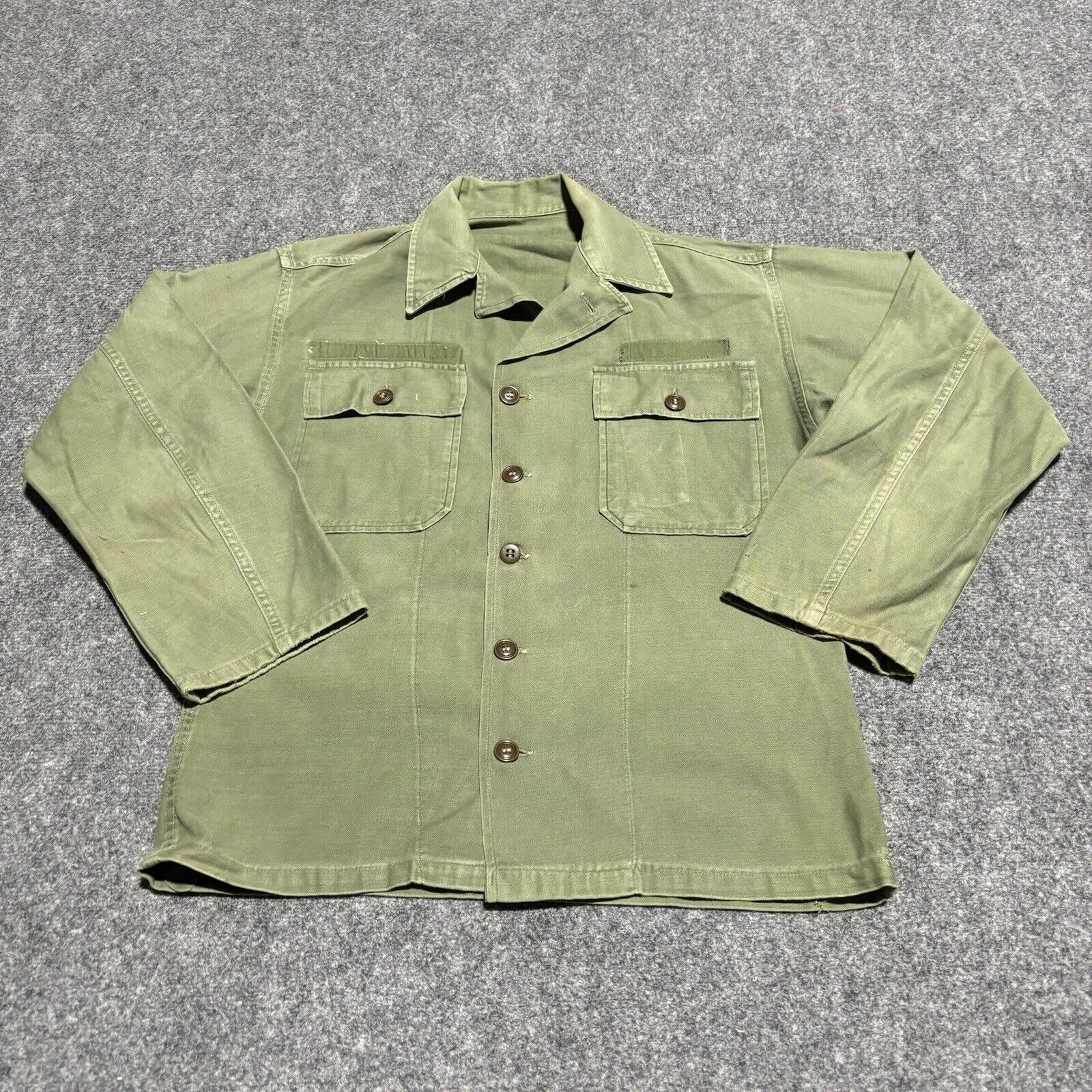Vintage OG-107 Field Shirt Men's 16x34 Sateen Green Cotton Military FLAWS*