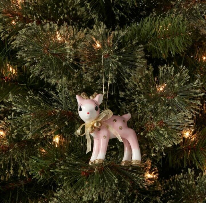 Ceramic Pastel Pink Deer Christmas Tree Ornament Retro 60s MCM Vntg Style Decor