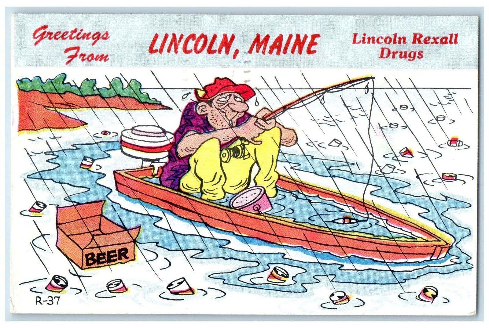 1963 Greetings From Lincoln Maine ME Lincoln Rexall Drugs Man In Boat Postcard