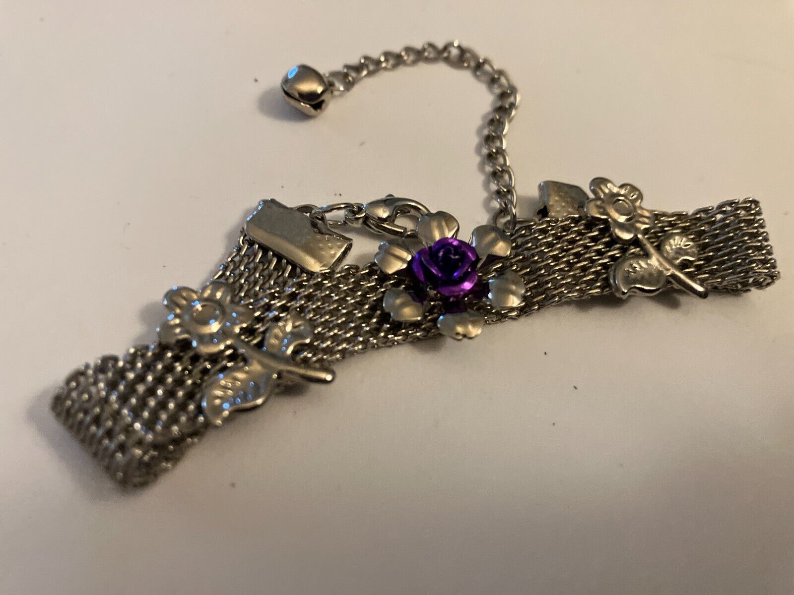 vintage estate silver tone floral mesh chain bracelet