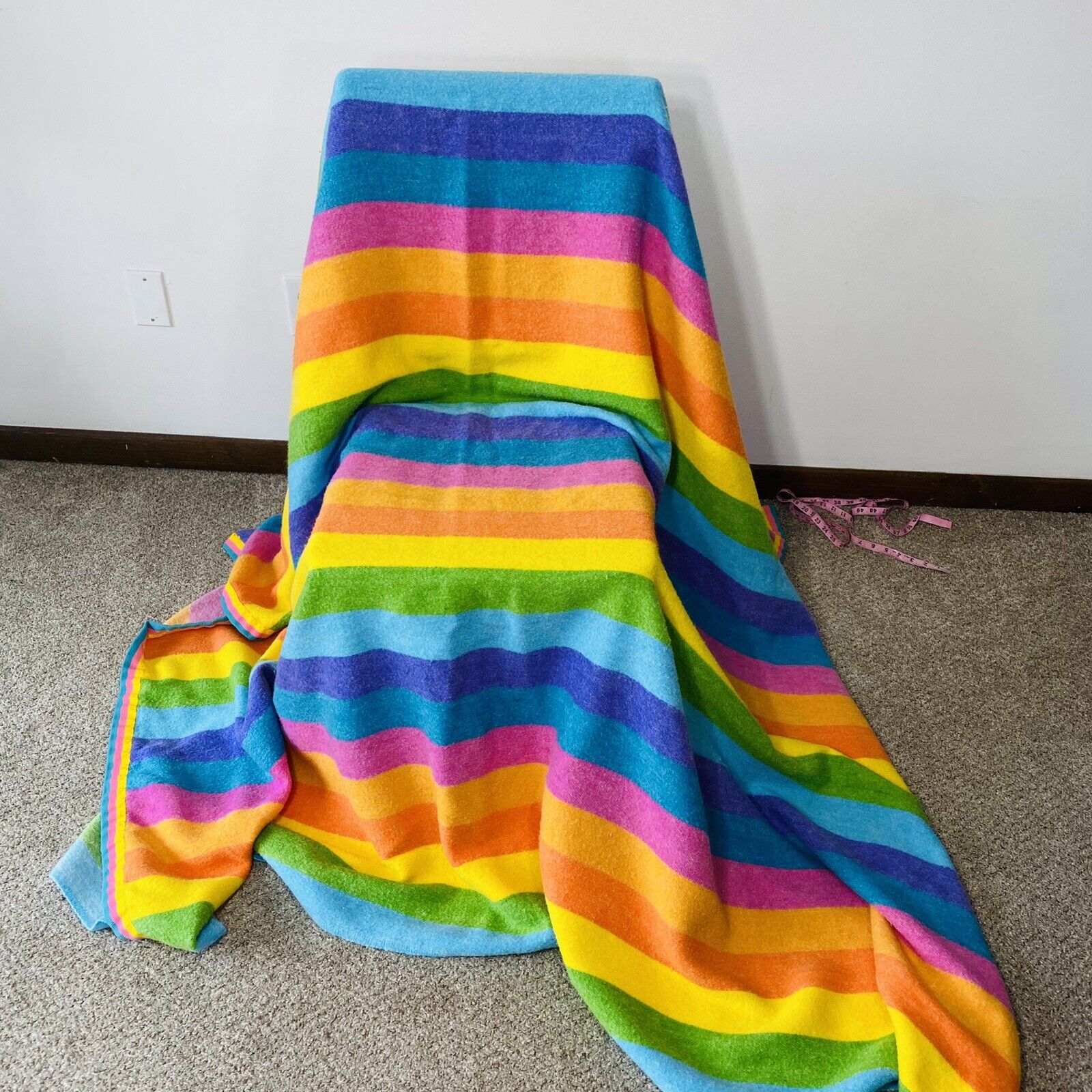 Vintage Stevens-Utica giant rainbow blanket acrylic colorful soft huge 70s retro