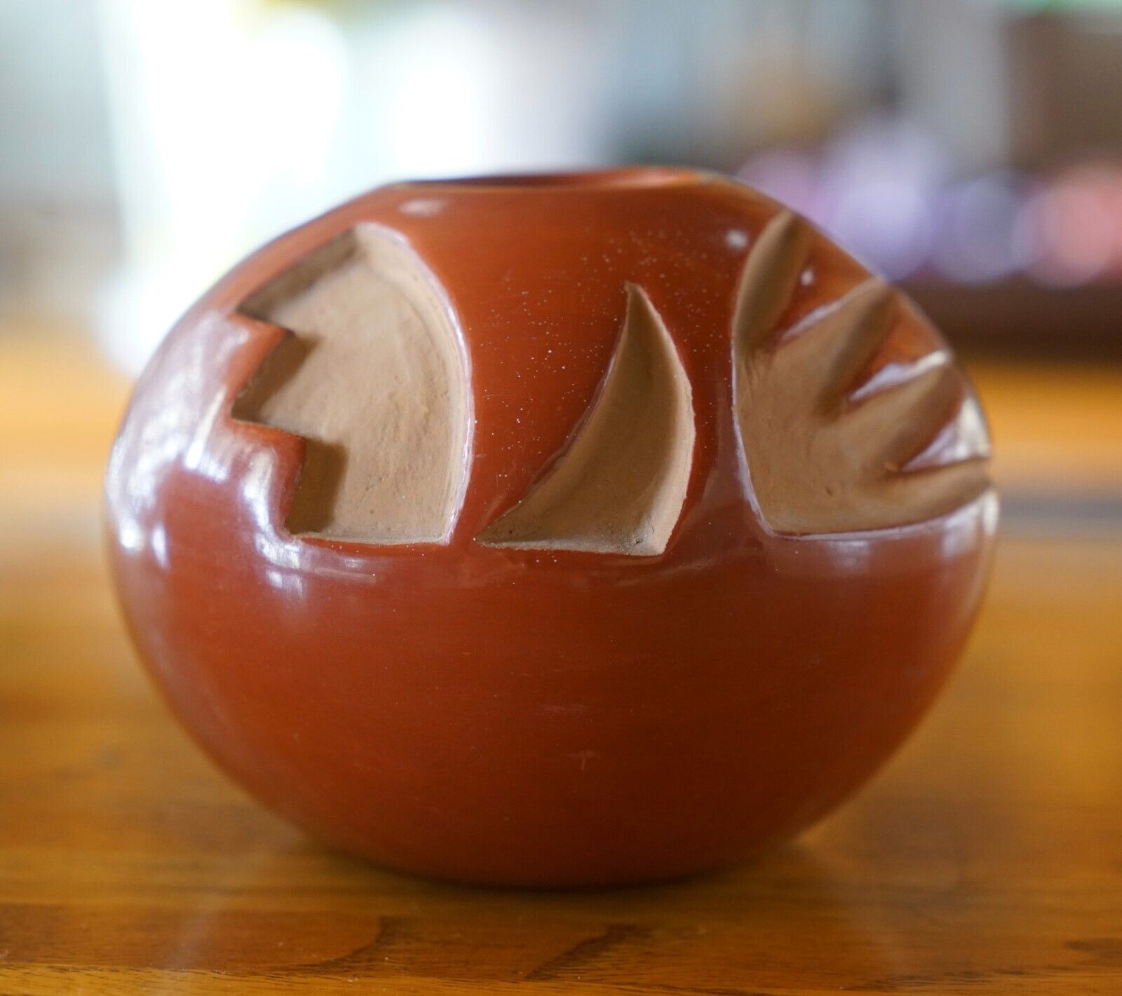 Vintage Santa Clara Pueblo Pottery Jar Carved Burnished Redware Signed