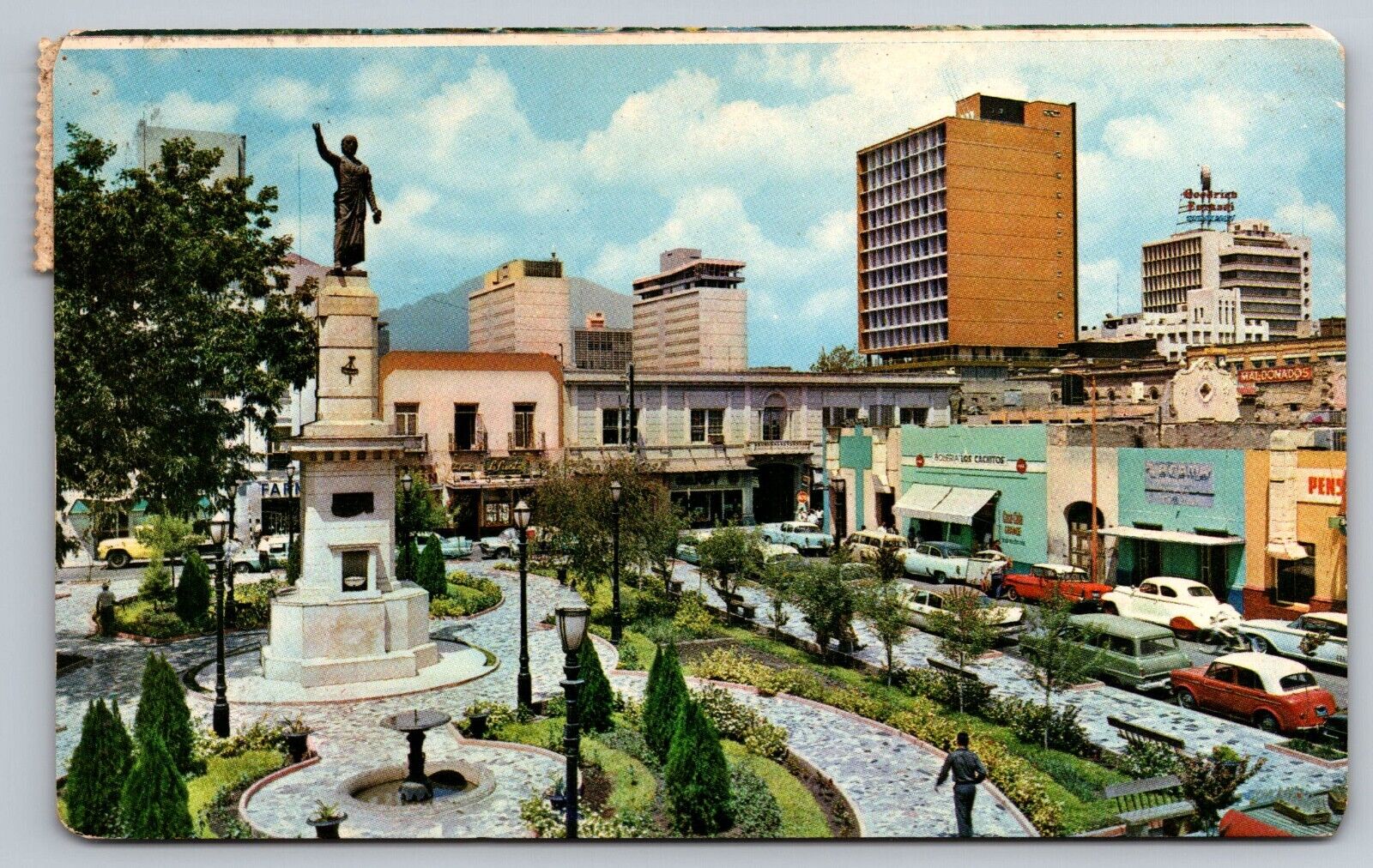 Postcard C 447, Jardin Hidalgo & Modern Building, Monterrey, N. L. Mexico